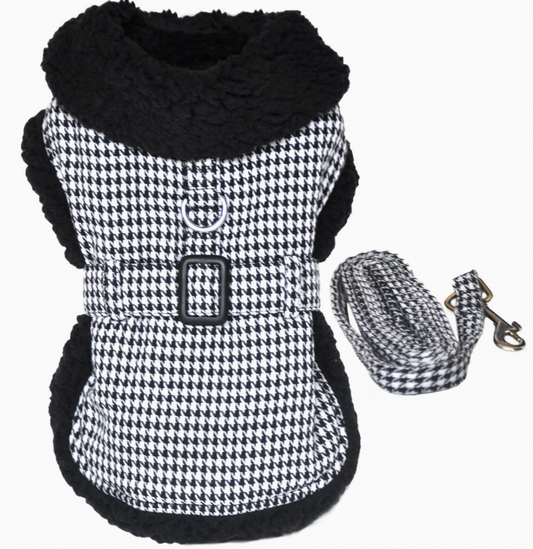 Black & White Classic Houndstooth Dog Harness Coat